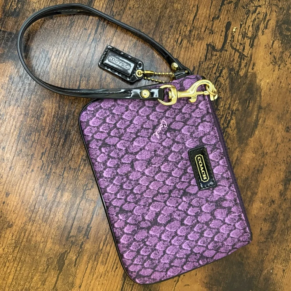 Coach Purple Patterned Wristlet Clutch with Black Strap
